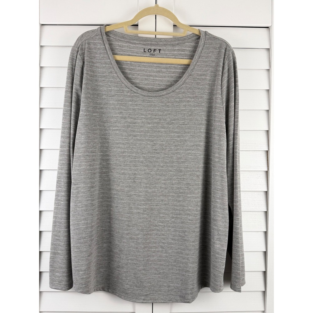 LOFT Long Sleeve Top XXL Gray Metallic Shimmer Scoop Neck Stretch